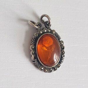 Vintage Sterling Silver Marcasite Crystal Etched Amber Rose Cabochon Pendant